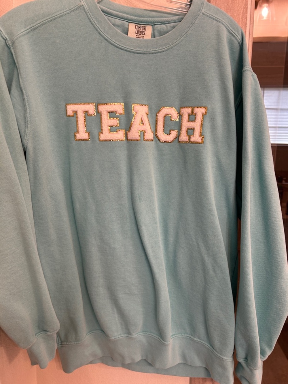 Comfort Colors Teal Crewneck Sweatshirt with 'TEACH' Applique
